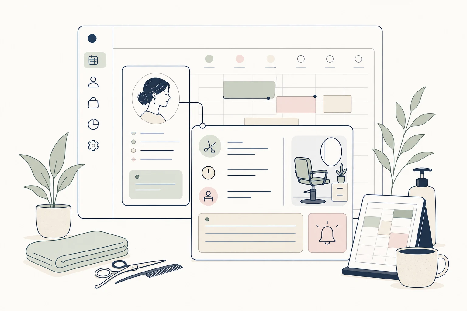 Illustratie van afspraakdetails met klantkaart, dienstinformatie en herinnering in een salonagenda