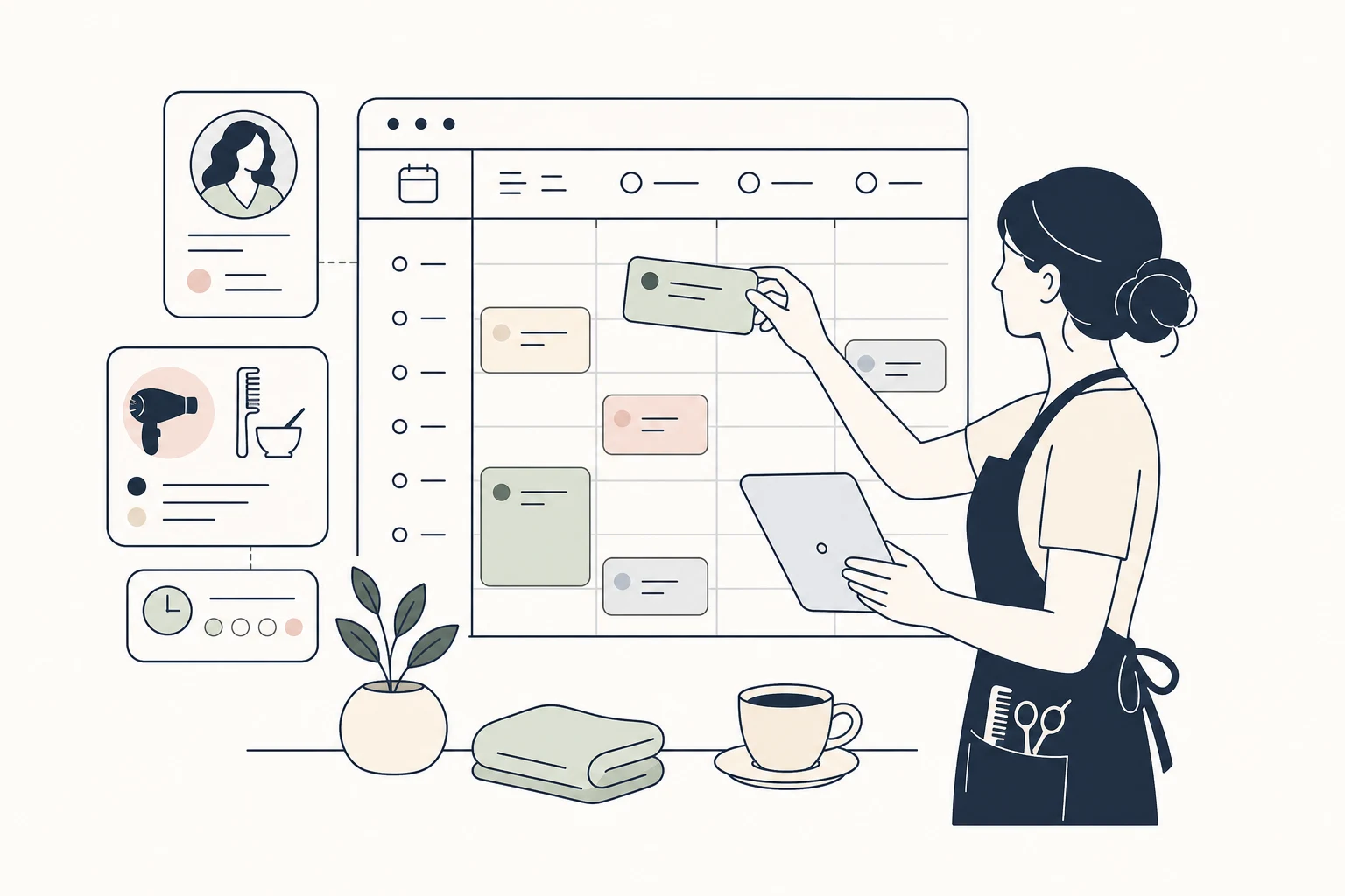 Illustratie van een salonmedewerker die een afspraak plant in een online agenda