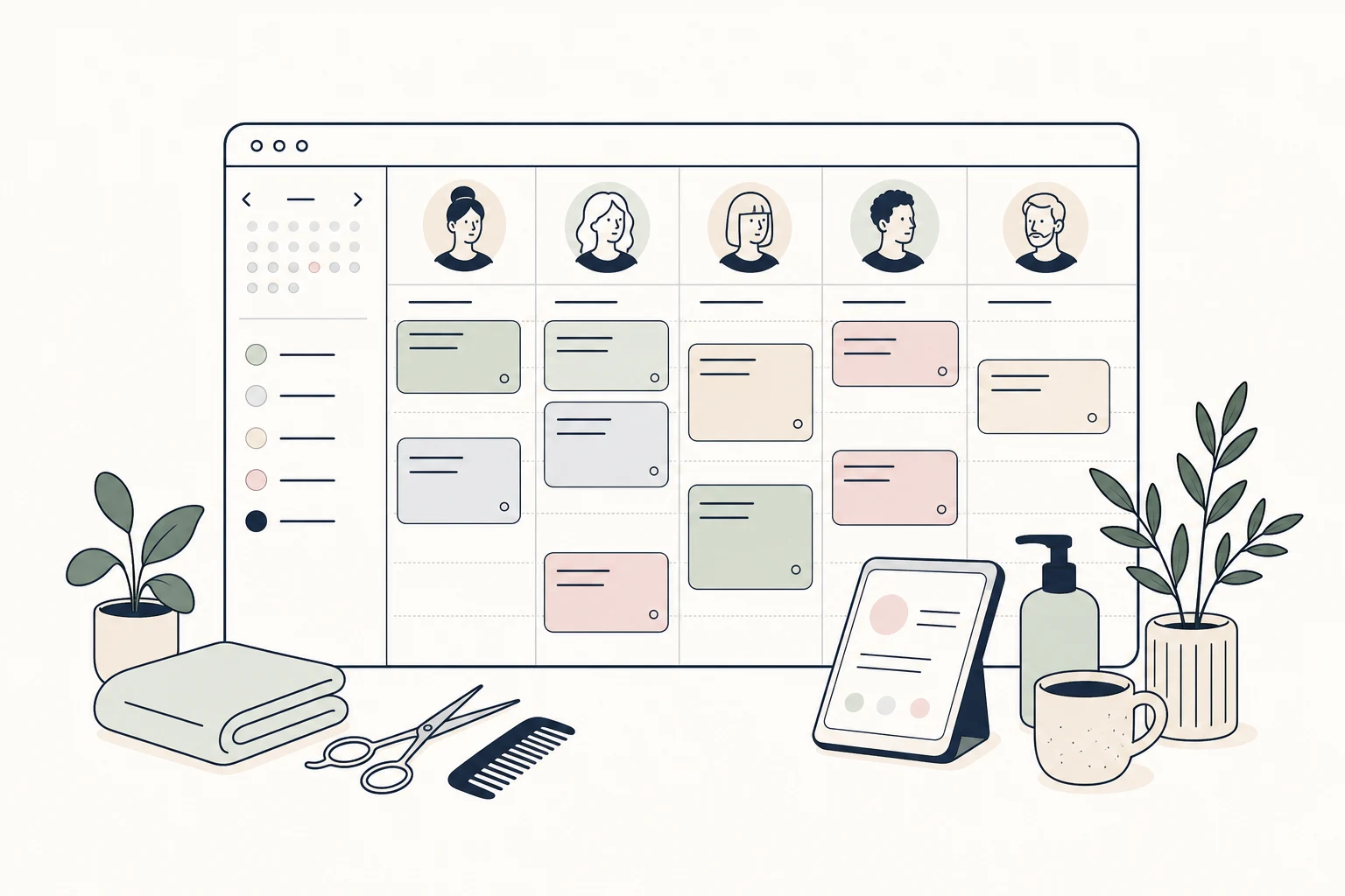 Illustratie van een salonagenda met meerdere medewerkers en afspraakblokken