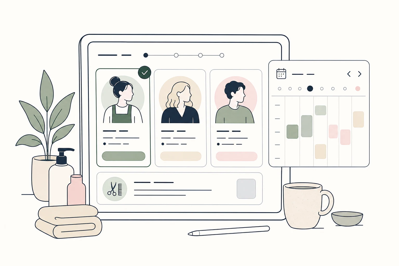Illustratie van medewerkerkeuze en beschikbaarheid in een salon boekingstool