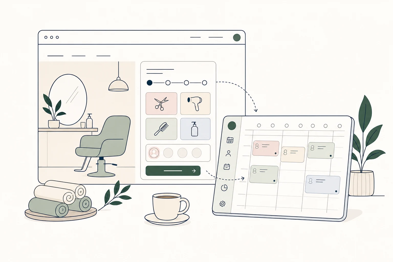Illustratie van een booking widget op een salonwebsite gekoppeld aan de Ingeboekt agenda