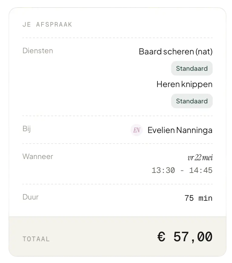 Online boekingsoverzicht met gekozen diensten, medewerker, datum, tijd en totaalprijs.